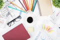 Creative office desk top with various items Royalty Free Stock Photo