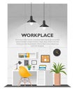 Creative office interior in loft space with concrete wall. Modern cozy workspace. Vector illustration.