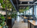 Creative office layout focusing on biophilic design principles, with zero waste solutions like compostable materials and reusable