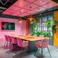 Creative office meeting room with pink decor and plants Royalty Free Stock Photo