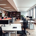 A creative office space showcasing modular desks and chairs with modern design elements and a tidy workspace