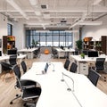A creative office space showcasing modular desks and chairs with modern design elements and a tidy workspace