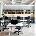 A creative office space showcasing modular desks and chairs with modern design elements and a tidy workspace