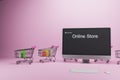 Creative online shopping concept with trolleys and computer monitor on pink background. Shop online and digital media concept. 3D