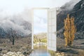 Creative open door leading to beautiful landscape. Dream, opportunity and success concept. Royalty Free Stock Photo