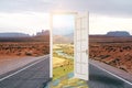 Creative open door leading to beautiful landscape. Dream and success concept. Royalty Free Stock Photo