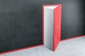 Creative open red book door in concrete interior. Education, knowledge, opportunity and success concept. Royalty Free Stock Photo
