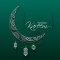 Creative ornamental crescent moon and hanging lanterns on green background for Ramadan Kareem.