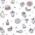 Creative outline food seamless pattern. Hand drawn print menu wallpaper for any purposes. Unhealthy diet eating.