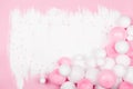 Creative painted background with white pink balloons and confetti. Top view and flat lay. Birthday or party concept