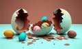 Creative painted eggs in broken chocolate, happy easter, generative AI
