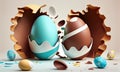 Creative painted eggs in broken chocolate, happy easter, generative AI