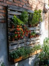 Creative pallet garden showcases vibrant plants against rustic brick wall Royalty Free Stock Photo