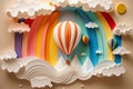 A creative paper art depicting hot air balloons, the sun, clouds, and a rainbow. Generative AI Royalty Free Stock Photo