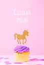 Creative pastel holiday card with cupcake and unicorn with Celebrate online wording. Baby shower, birthday, celebration