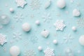 Creative pattern with white holiday balls and decorative snowflakes on turquoise pastel background. Christmas or New year card Royalty Free Stock Photo