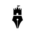 Creative pen with castle fortress logo vector icon illustration design. suitable for business, education and author logo