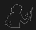 Creative pensive painter paints a picture vector line contour silhouette isolated on black background. Painting process in art