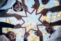 Creative people, hands and star with fingers in teamwork, solidarity or collaboration in nature. Low angle of team group Royalty Free Stock Photo