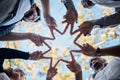 Creative people, hands and star in teamwork, solidarity or collaboration for unity in nature. Low angle of team group Royalty Free Stock Photo