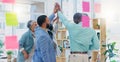 Creative people, high five and applause in celebration for team building, achievement or success at office. Group of Royalty Free Stock Photo