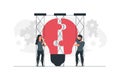 Creative people with innovative ideas. A man and woman are holding a large light bulb. Talented people concept vector illustration Royalty Free Stock Photo