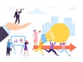 Creative people worker running with idea concept, vector illustration. Teamwork with lightbulb, leader man woman with