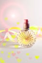 Perfume bottle on light background. Blank perfumery mockup, spa branding concept. Glamour fragrance, eau de parfum Royalty Free Stock Photo