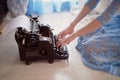 A creative person, author of books, writer of bestsellers,a journalist typing on an old typewriter. Inspiration in the Royalty Free Stock Photo