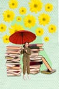 Creative photo artwork of young happy beautiful schoolgirl hold red umbrella dropping yellow daisy flowers stack books