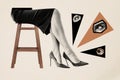 Creative photo collage attractive woman legs skirt shoes high heels sitting stool incognito spy privacy eyeballs face