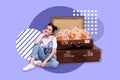 Creative photo collage 3d illustration of positive beautiful girl sitting lean on valise flowers inside isolated drawing Royalty Free Stock Photo