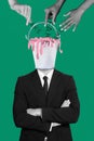 Creative photo collage of headless businessman formal clothes folded hands bucket fakes disinformation isolated on green Royalty Free Stock Photo