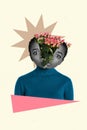 Creative photo collage illustration of weird impressed astonished girl flowers inside head in half isolated on white