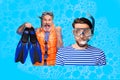 Creative photo collage image young amazed elder man pensioner diving equipment oxygen underwater ocean seaside resort Royalty Free Stock Photo