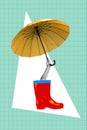 Creative photo collage of pair rubber gumshoes abstract creative hand hold water protective yellow umbrella isolated on