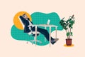 Creative photo collage picture sitting young successful businessman relax workspace investor trader houseplant office Royalty Free Stock Photo