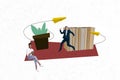 Creative photo collage picture two colleagues businessman woman houseplant workflow flying paper planes correspondence