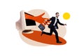 Creative photo collage running young businessman escape arm try catch reach pc monitor screen display surreal concept