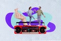 Creative photo collage of two young carefree people dancers listen retro music nostalgia love story korean love symbol