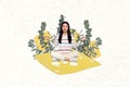 Creative photo collage young girl meditate green plant flourish mental health peace calmness harmony thinking drawing