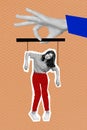Creative photo collage of young woman hanging silhouette authority manipulation abuse marionette powerless doll isolated