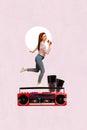 Creative photo composite collage of positive happy girl in headphones sing in cellphone dance on boombox isolated