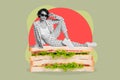 Creative photo 3d collage artwork postcard poster of business lady sit big sandwich refuse unhealthy food isolated on Royalty Free Stock Photo