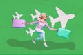 Creative photo 3d collage artwork postcard poster of happy girl hurry airport registration flight abroad isolated on Royalty Free Stock Photo