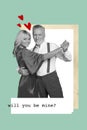 Creative photo 3d collage artwork poster of beautiful couple celebrate proposal will you be mine marry me isolated on