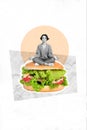 Creative photo 3d collage artwork poster of focused girl refusing fastfood avoiding stress practicing yoga isolated on