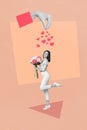 Creative photo 3d collage artwork poster of happy pretty lady under big hand pour heart figure isolated on painting Royalty Free Stock Photo