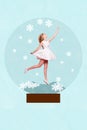 Creative photo 3d collage artwork poster picture of pretty lady inside ball souvenir catch snowflakes isolated on Royalty Free Stock Photo