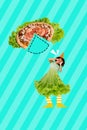 Creative photo 3d collage artwork poster postcard of funny funky girl celebrates birthday eat tasty meal isolated on Royalty Free Stock Photo